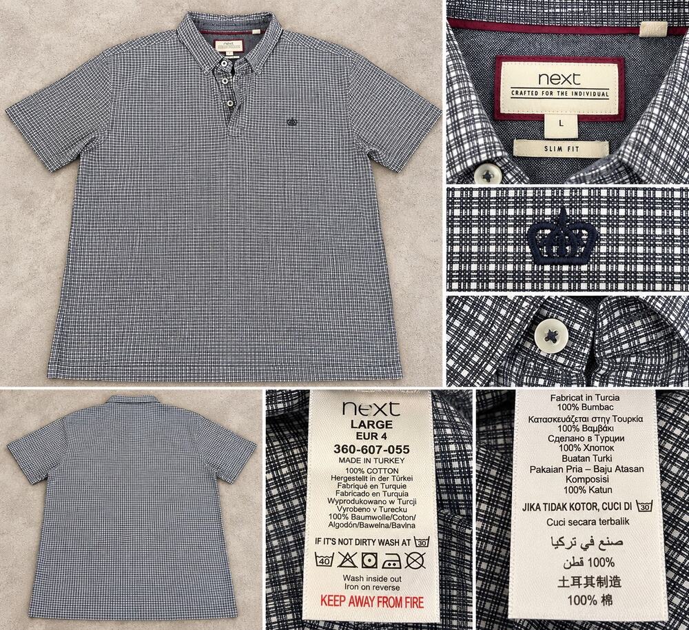 NEXT Men’s large Slim Fit  Micro Check Polo Shirt 100% Cotton Crown Logo
